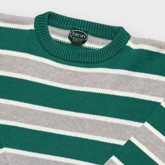 IZOD PREPPY VINTAGE STRIPE CREW NECK SWEATER GREEN WHITE GRAY LARGE - Picture 5 of 8